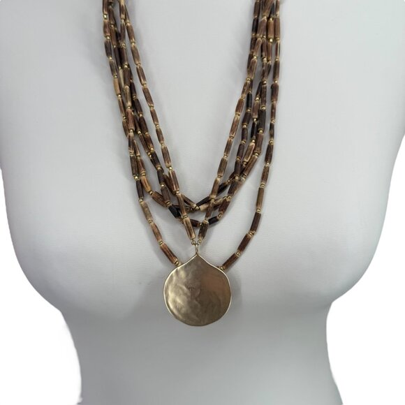 J. Jill Layered Beaded Necklace Hammered Gold Tone Pendant Cord Adjustable - Picture 4 of 15